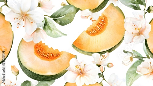 Watercolor illustration depicts orange melon slices and delicate white blossoms on a white background.