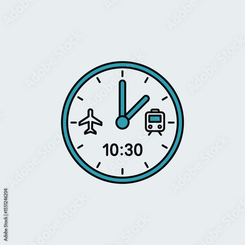 Teal Clock Face Showing Ten Thirty with Airplane and Train Icons Simple Line Art Design Illustration
