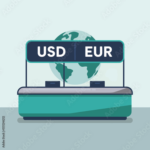 Teal Currency Exchange Counter with Globe and U S D E U R Sign Flat Design Illustration money exchange