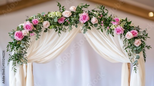 Floral archway of pink roses and green foliage on white cloth