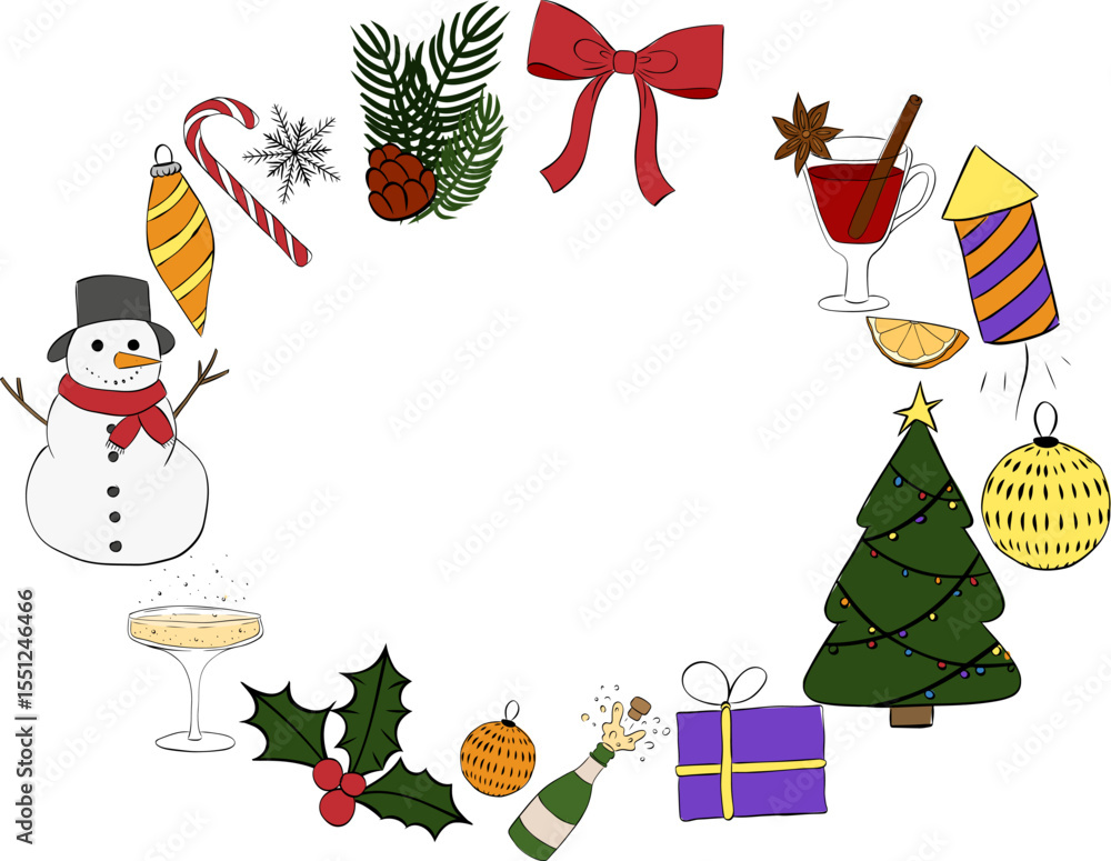 Fototapeta premium Christmas new year holiday objects, symbols and items. Frame oval template. Vector graphic line ink illustration. Perfect for cards, decorations, stickers, logo, menu, various designs.
