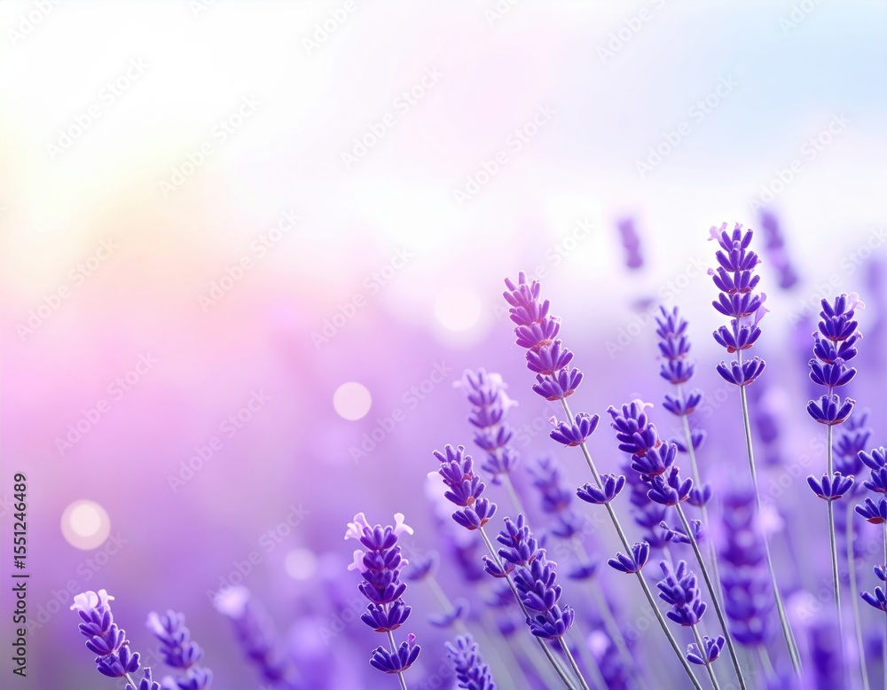 Naklejka premium Lavender fields wrapped in soft light,やわらかな光に包まれるラベンダー畑 