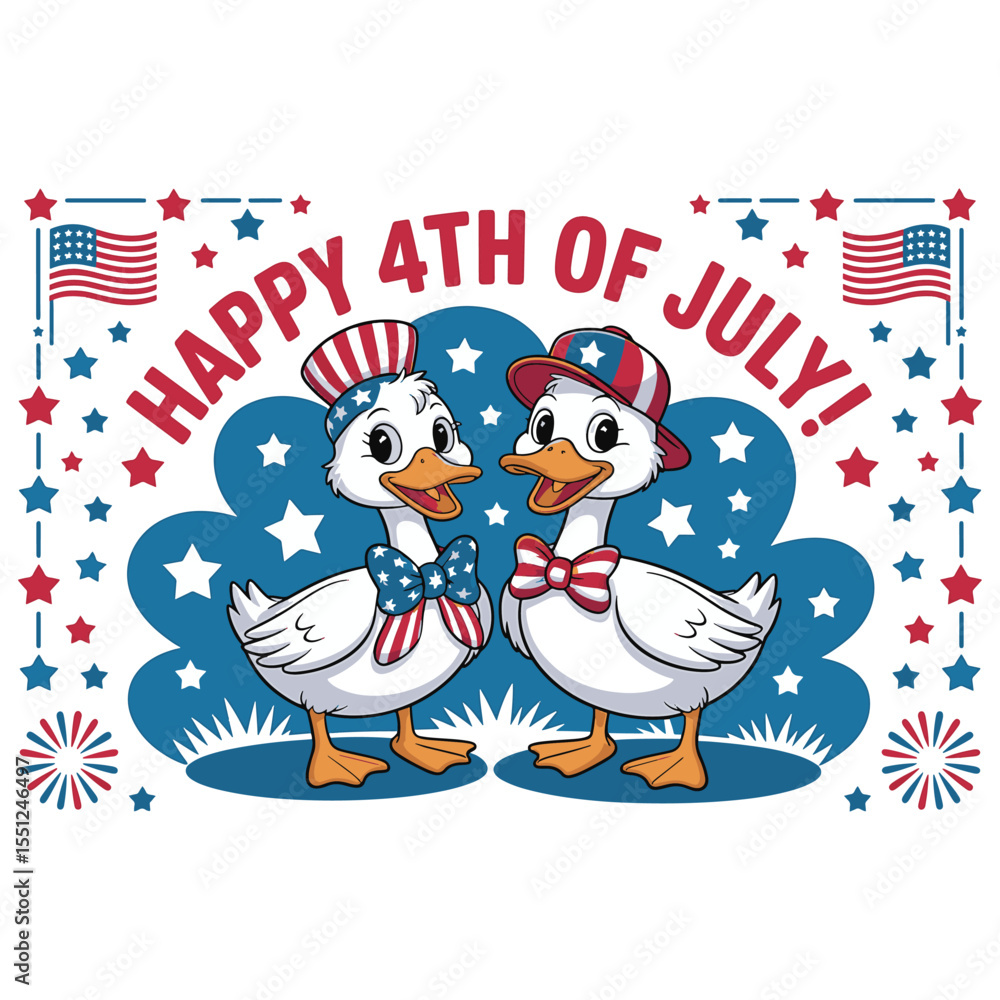 Obraz premium Excited ducks celebrating July 4th, surrounded by fireworks and stars, perfect festive design vector illustration 