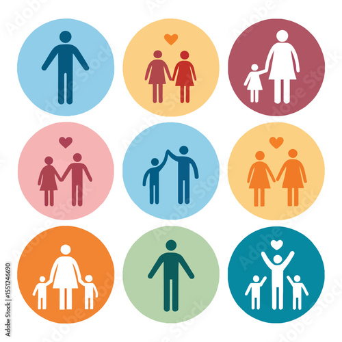 Family Icons: A vibrant array of family icons, representing various family structures. Each icon embodies love, unity, and the diverse forms that family takes.