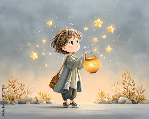 St. Martin’s Day Lantern Parade with Kids Child shining lantern under sparkling stars. Autumn Night Festival with Handmade Lights Traditional German Lantern Walk Celebration