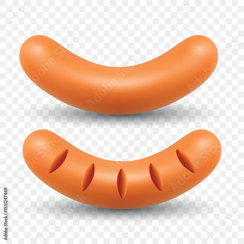 Vector 3d Realistic Grilled Sausage Illustration. Tasty Hot Dog Icon. BBQ Meat, Fast Food Snack. Picnic Barbecue, Street Food Menu Design Template. Cooked Pork Sausages, Grill Food, Isolated Sausage