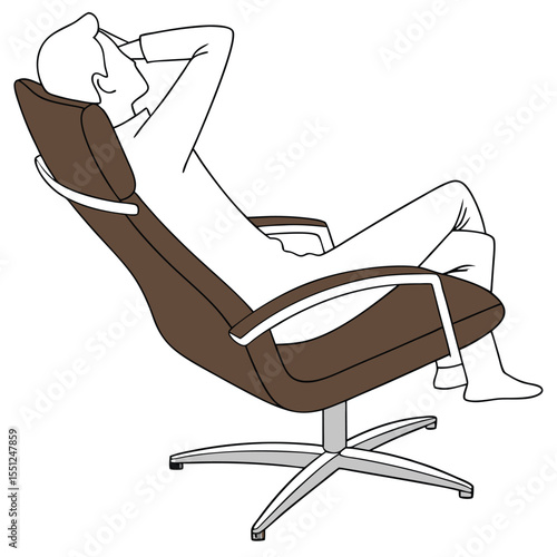 Man relaxing in brown recliner chair isolated on white background