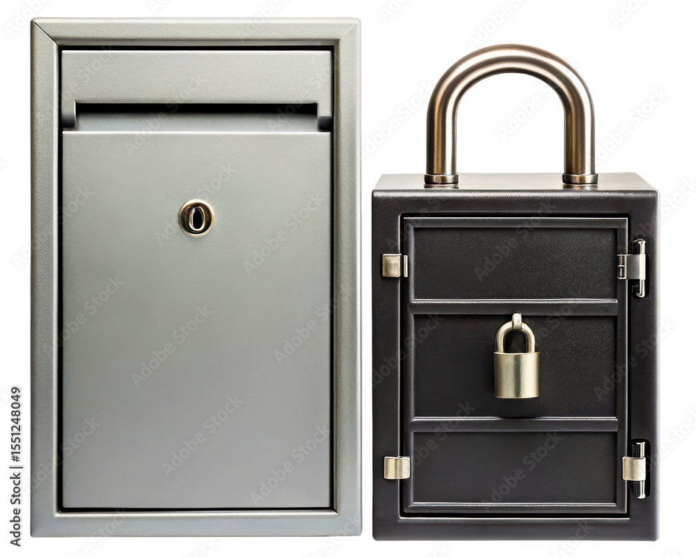 Stylish mailbox and secure lock box set for home use on a transparent background Stylish mailbox and secure lock box set for home use on a transparent background