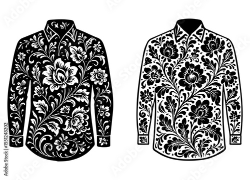 Artistic floral shirts in black and white patterns highlighting craftsmanship and stylish wear