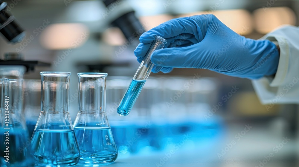Gloved hand with blue liquid, lab glassware foreground Gloved hand with blue liquid, lab glassware foreground
