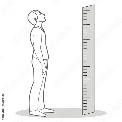 Man standing next to a tall ruler illustration isolated on white background