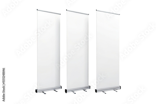 Three white retractable banner stands positioned closely together on a black background space for text