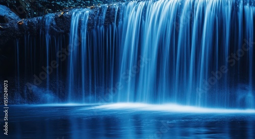 Calm Blue Cascade: Minimalist Wallpaper Featuring a Tranquil Waterfall with Flowing Lines Set in a Serene Forest Landscape
