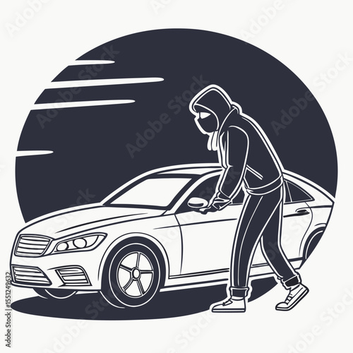Masked thief stealing a car illustration isolated on white background