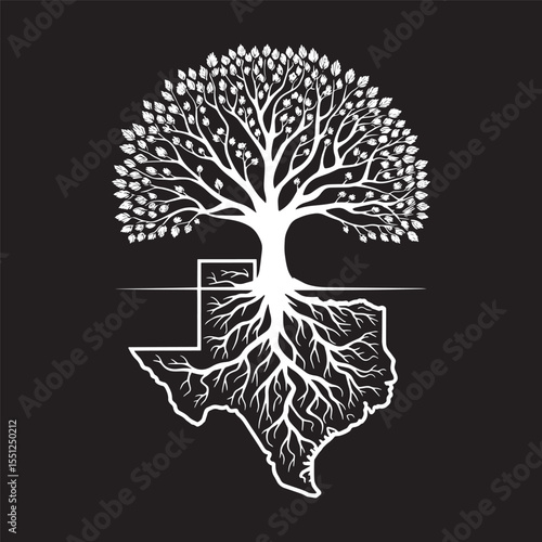 Texas state silhouette with a tree rooted inside it, symbolizing deep Texan heritage.
