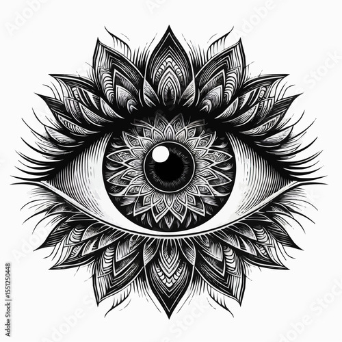 Detailed eye illustration surrounded by ornate floral patterns and designs