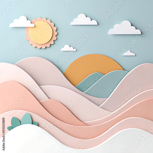 Pastel Paper Cut Landscape with Sun Clouds and Hills