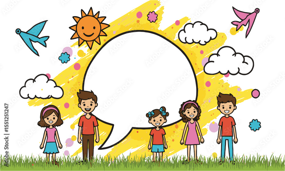 Fototapeta premium Vector illustration featuring a group of smiling stick-figure children standing on both sides, easily editable and scalable.