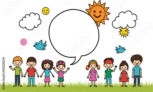 Vector illustration featuring a group of smiling stick-figure children standing on both sides, easily editable and scalable.