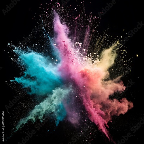 Colorful Powder Explosion Against Black Background Creating a Vibrant Cloud