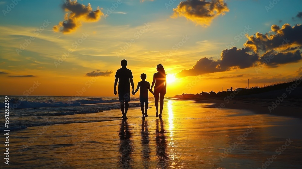 Fototapeta premium Family Silhouette Strolling on the Beach at Sunset, Framed by Ocean and Sky