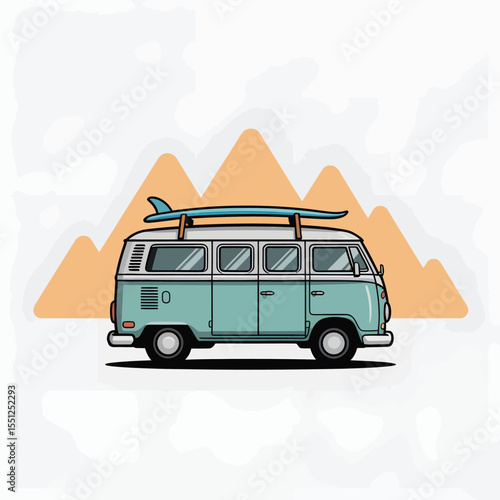 Teal Vintage Volkswagen Bus with Surfboard on Roof Against Orange Mountain Silhouette Illustration