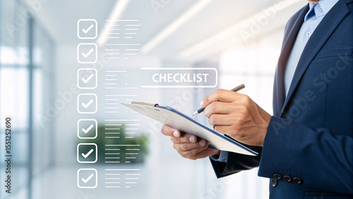 Businessman s hands holding a clipboard and pen checking off a digital checklist isolated on white background
