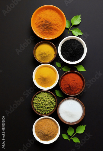 Assorted Spices in Bowls on Black Surface