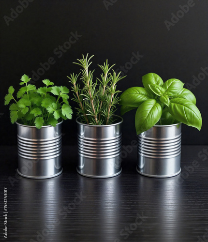 Herbs in Metal Cans on Dark Surface