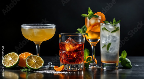 Colorful cocktails with fresh garnishes and fruit slices