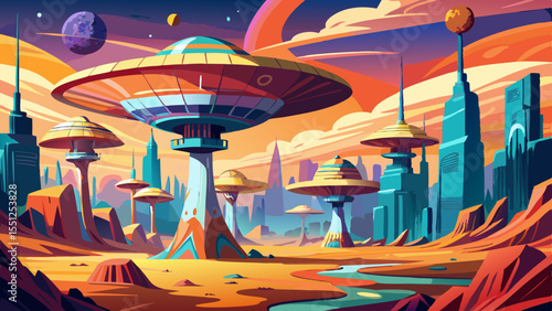 painted cityscape of alien parasol megastructures on a distant planet