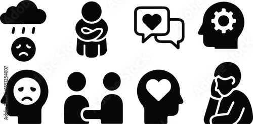 Black Vector Silhouettes of Mental Health and Therapy Icons – Wellness and Psychology Symbol Set on White Background