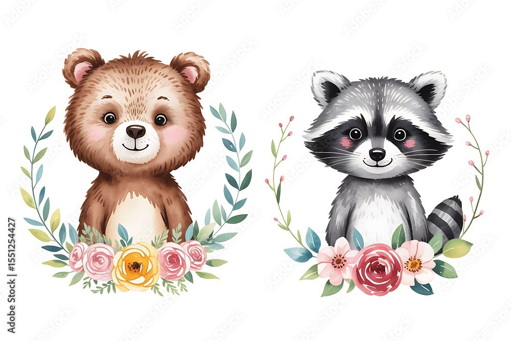 Fototapeta premium Charming Watercolor Bear and Raccoon Illustration: Floral Wreath, Cute Animal Art, Nursery Decor, Kids Design