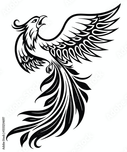 Phoenix tattoo vector, mythical firebird in stylized black ink design