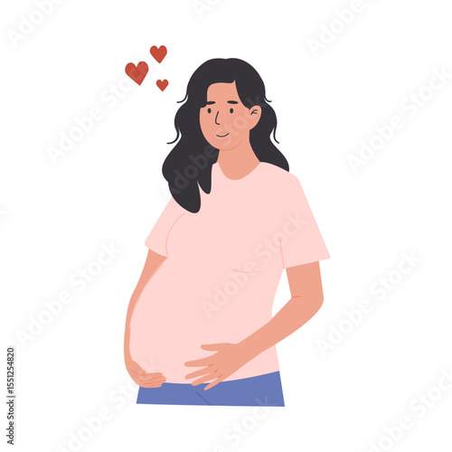 Pregnant woman thinking about her baby with love. Emotional connection during pregnancy. Motherhood and maternity concept. Future mom. Vector flat style illustration isolated on white background.