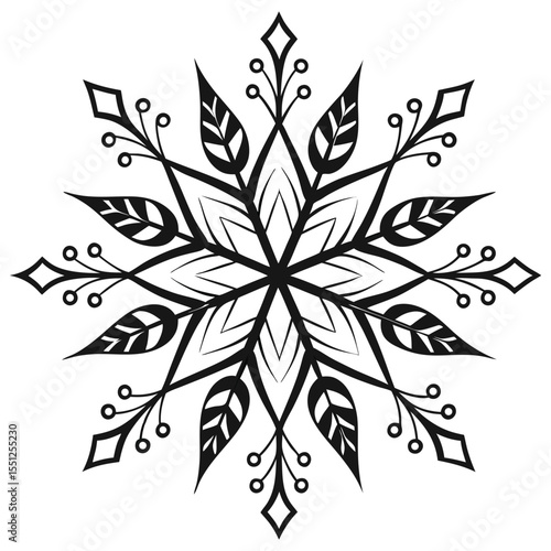 Geometric snowflake pattern with floral and leaf elements in monochrome