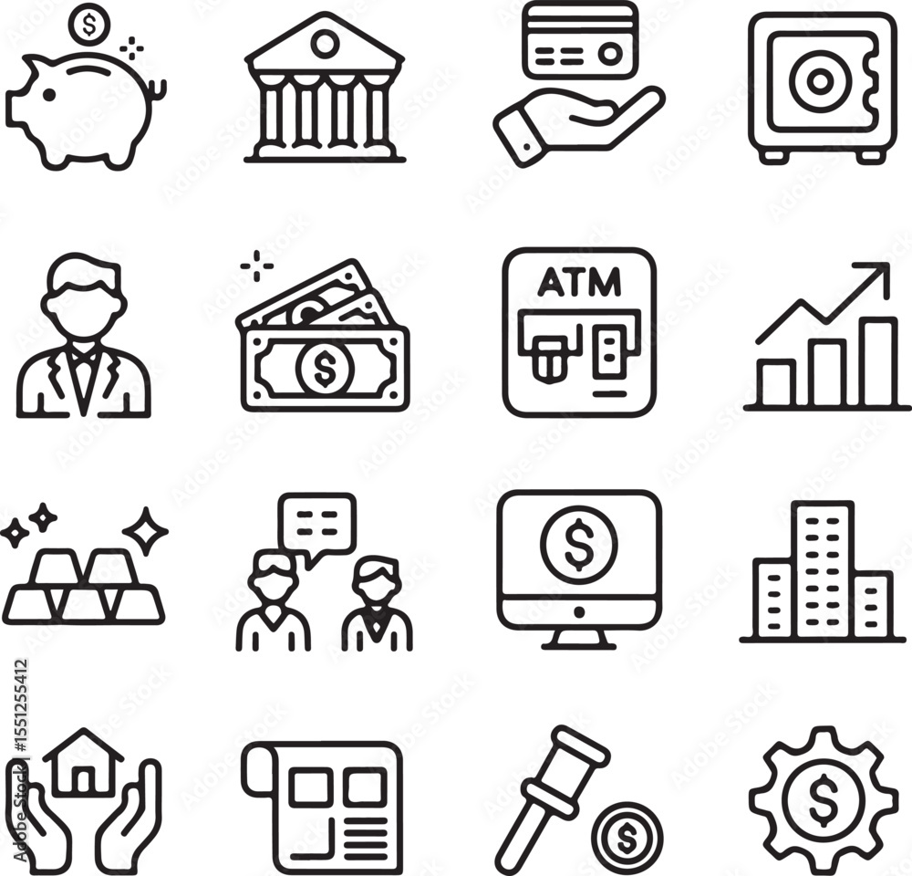 Financial Icons Banking, Investment, and Money Management Line Art Financial Icons Banking, Investment, and Money Management Line Art