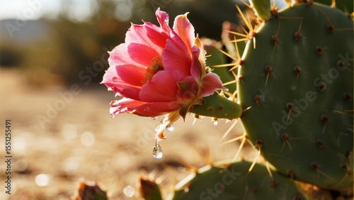 A vibrant pink cactus flower blooms against a desert backdrop, showcasing nature's resilience and beauty.
