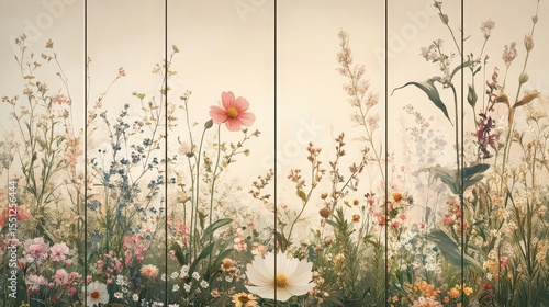 A floral painting featuring a variety of wildflowers in soft pastel colors with a light beige background