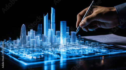 An architect brings architectural designs to life with 3D holographic construction models. The concept of innovation in architecture and futuristic design. Generative Ai.