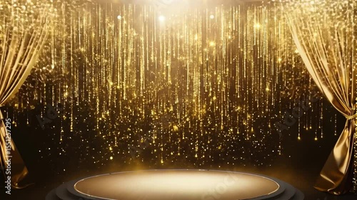 Glittering Gold Stage: An empty stage is illuminated by a bright spotlight, adorned with gold curtains and shimmering sparkles, creating a glamorous and celebratory ambiance.