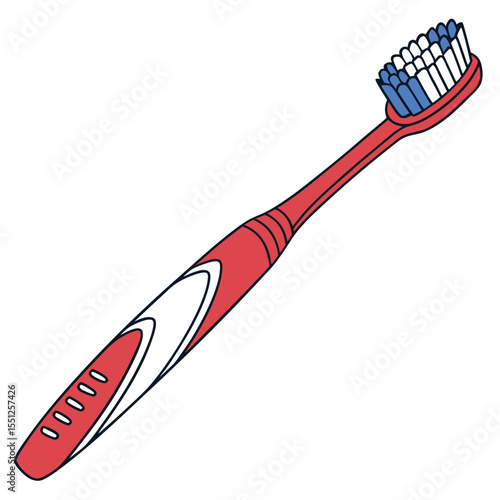 Illustration of a red and white toothbrush with blue bristles