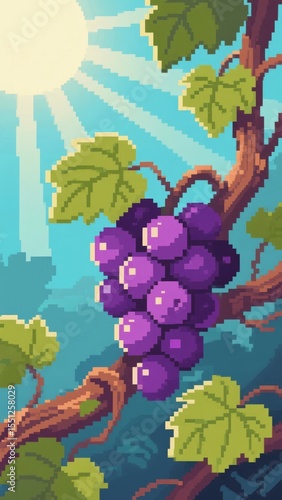 Pixel Art Grapes on Vine with Sunlit Background