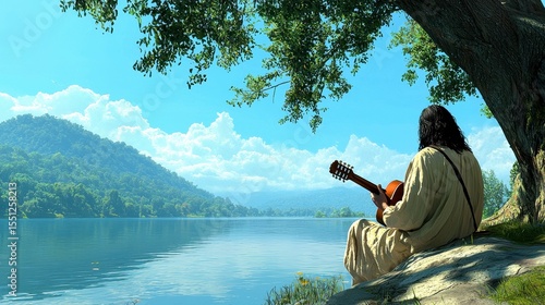 Wallpaper Mural Pixelated Man Plays Guitar by Lake with Mountain View Under Sky with Clouds Torontodigital.ca