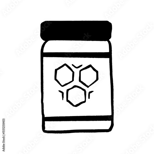 Honey Jar Vector Illustration. Simple Doodle for Natural Sweetener, Bee Product, Healthy Food, and Organic Concepts Hand-Drawn Style Black and White