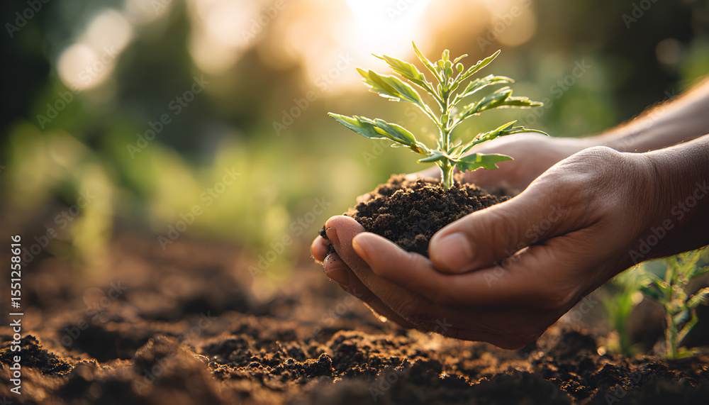 Fototapeta premium Hands carefully plant seedling in fertile soil. African person nurtures new life, growth in agriculture. Green sprout, fresh plant, care.