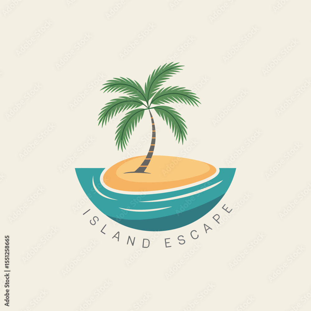 Obraz premium Tropical Island Escape Logo Design Palm Tree on Sandy Island Surrounded by Teal Ocean Waves Beige Background Simple Minimalist Style Vacation Travel Concept