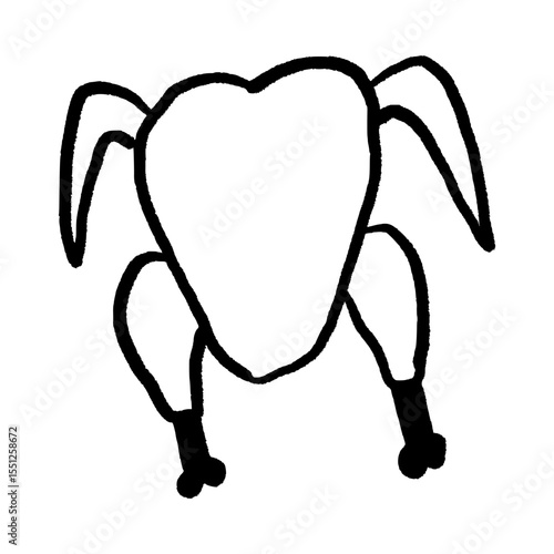 Hand-Drawn Style Black and White Whole Chicken Vector Illustration. Simple Doodle for Poultry, Meat, Roasting, and Cooking Concepts