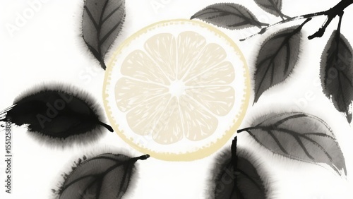Artistic depiction of a lemon slice surrounded by monochromatic leaves