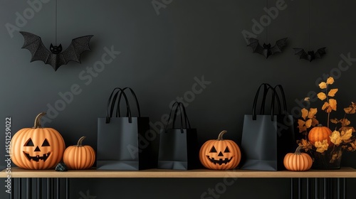 Halloween party concept with black paper shopping bags on a shelf, pumpkins, and bat decorations 